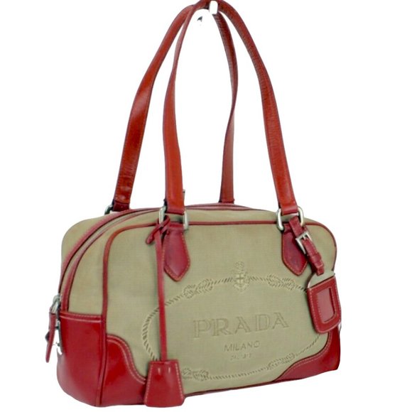 Auth PRADA Canvas Leather Tan Red Oval Signature Handbag...